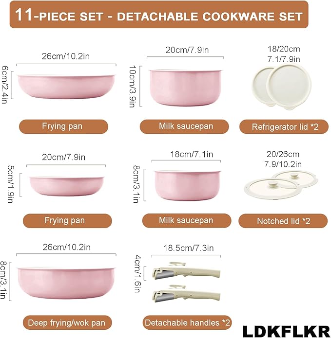Multi-Piece Detachable Cookware Set Non-Stick Pots and Pans Set with Removable Handles Cooking Set Oven Safe Stackable Universal for All Stoves11PcPink