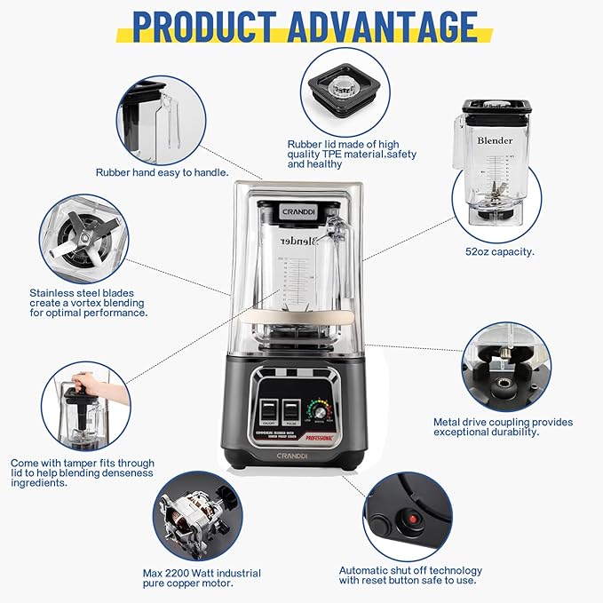 CRANDDI Professional Smoothie Blender 2200W Commercial Soundproof Quiet blender with Removable Soundproof Shield for Crushing Ice MilkShakes Puree Self-Cleaning 50oz 110V K80 (Grey)