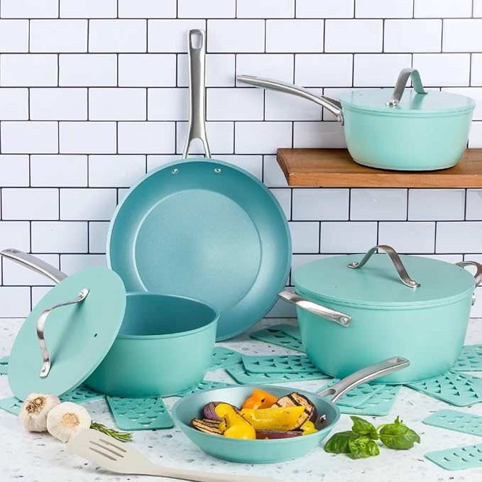 12-Piece Nonstick Pots and Pans Set – Heavy-Duty Aluminum Titanium Nonstick Induction Compatible Oven Safe Cookware Set with Lids &amp Protectors – Premium Kitchen Set (Blue)