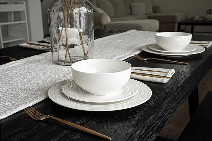 New Bone China 12 Piece Dinnerware Set Santorini Collection (Wave) White Daily Use China Embossed Tableware Service for 4