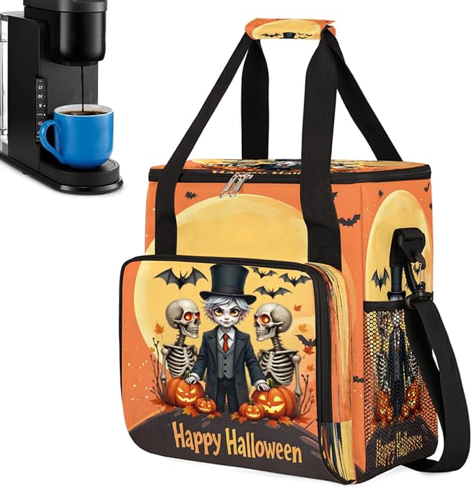 Halloween Skull Pumpkin Bat Moon Coffee Maker Carring Bag Travel Carrying Storage Tote Bag Compatible with Keurig K-Mini or K-Mini Plus Portable Single Serve Coffee Brewer Case with Pockets