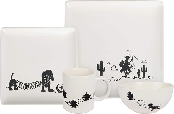 Toy Story 4-Piece Ceramic Dinnerware Set With Scribble Design - Cute Character Line Drawings - Beautiful Glazed White Square Dinner &amp Salad Plates With 16 Oz. Bowl &amp 11 Oz. Mug Place Setting