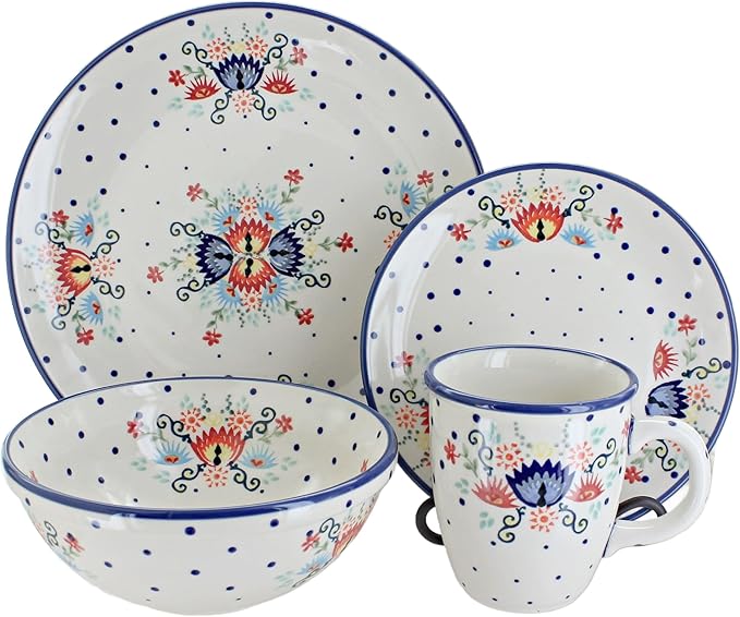 Blue Rose Polish Pottery - Red Desert Flower 16 Piece Dinner Set - 4 Place Settings - Great for Everyday Dining Casual Dining or as Formal Dinnerware