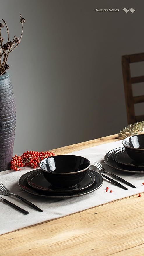Famiware Aegean Stoneware Dinnerware Set for 8 Plates and Bowls Sets 24 Pieces Scratch Resistant Dinner Set Handmade Irregular Round Dishes - Microwave and Dishwasher Safe Black Coffee