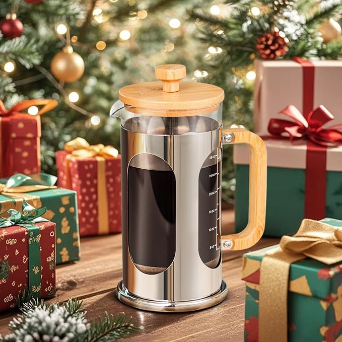 Sivaphe No-Plastic French Press Coffee Maker 34 oz Borosilicate Glass Bamboo Lid and Handle Coffee Tea Press 8 cup 1000ml Coffee Milk Forther with Stainless Steel Holder and Resuable Filters