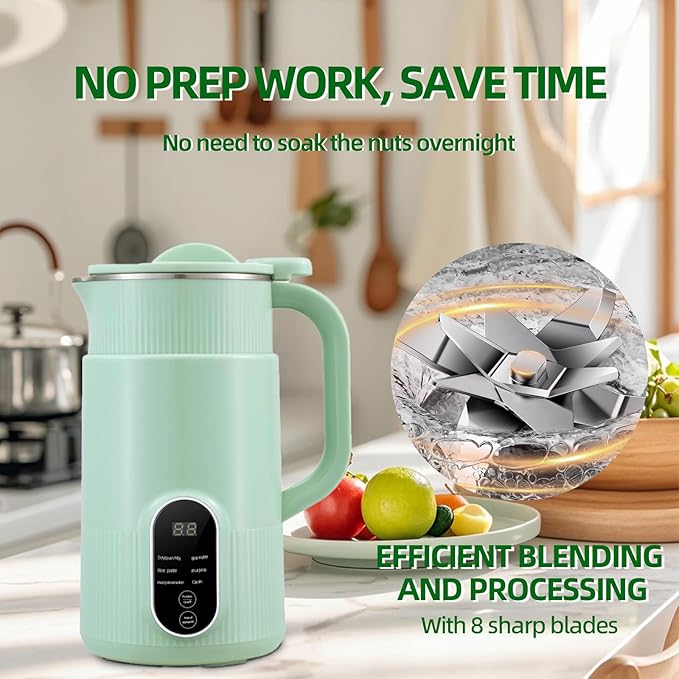 6 In 1 Automatic Nut Milk Maker - 27 Oz(800ml) For Almond/Oat/Soy Milk And Dairy Free Beverages With Delay Start/Self-Cleaning/Boil Water/Juice With Measuring Cup Cup Brush (Green)