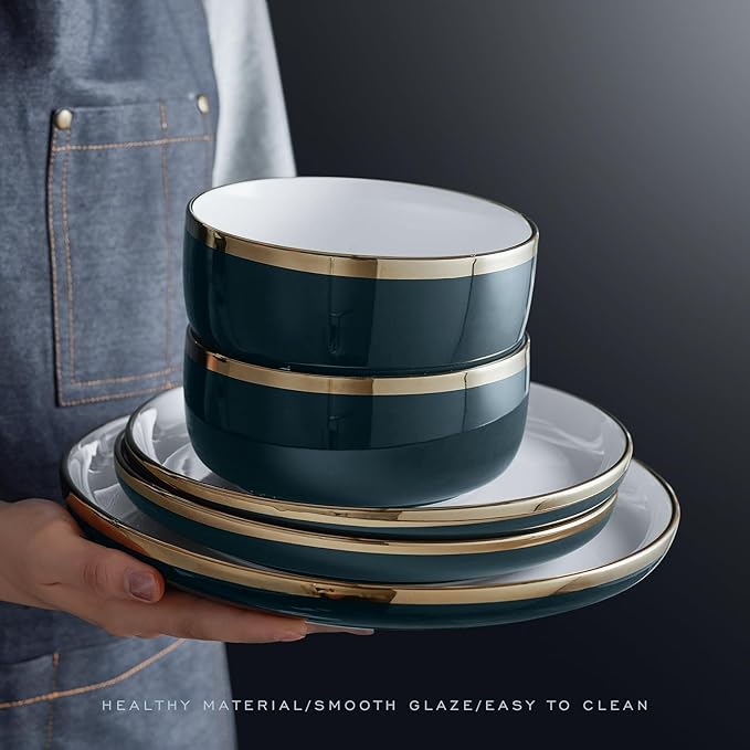Porcelain Dinnerware Sets 12 Piece Luxury China Plates and Bowls Sets Green Dishes Set Gold Rim for Wedding Anniversary Birthday Modern Dinner Plates Set