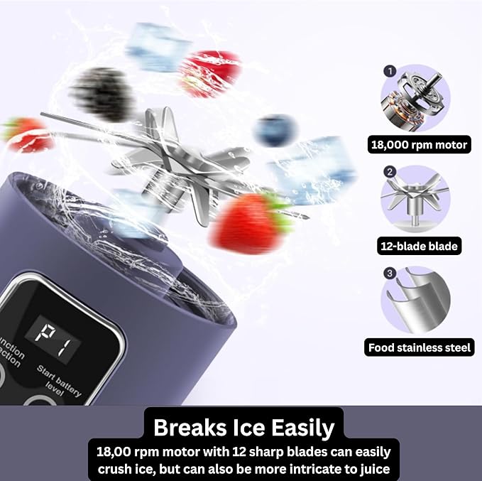 Portable Blender/juicer 12-Blade Cordless Smoothie Maker 15.2oz with Ice Crush Power USB-C Rechargeable Leakproof BPA-Free Self-Cleaning for Shakes Protein Juices Frozen Fruit (Purple 7.4V)