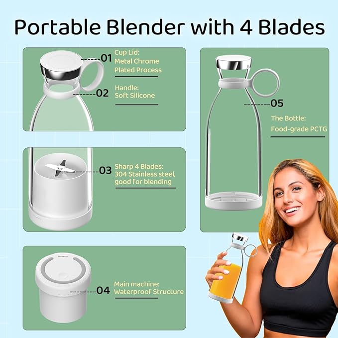 Asa Vea Mini Blender for Smoothies and Milkshakes Portable Blender Rechargeable Personal Size Blender with Quota Outer Travel Lid with 4 Blades 11 oz for Outdoors Camping (Black)