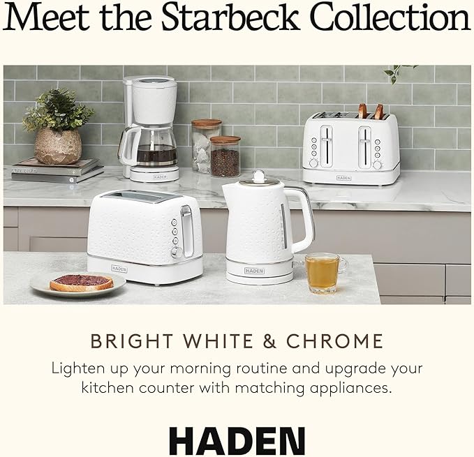 HADEN Starbeck Coffee Machine 10 Cup Automatic Drip Coffee Maker with Anti-Drip Function and Reusable Washable Water Filter White &amp Chrome