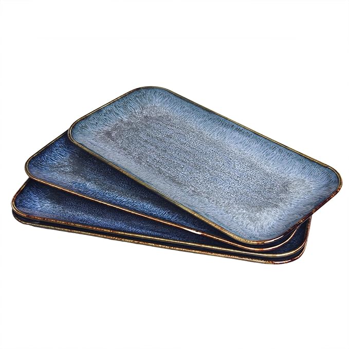 Ceramic Dinner Plates Dish SetSet of 4 for Lunch snacks - Microwave Oven &amp Dishwasher SafeScratch Resistant Dinnerware Kitchen Porcelain Serving DishesBlue 12.4 Inch Rectangle plate