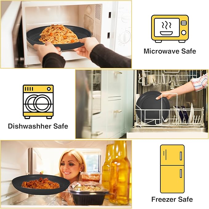 LAERJIN 56 Piece Wheat Straw Dinnerware SetsUnbreakable Reusable Dinnerware SetDishwasher &amp Microwave Safe Plates and Bowls Sets for Apartment Essentials Outdoor Camping Black