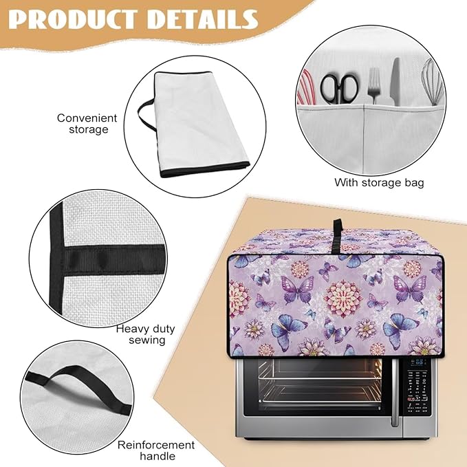 Boho Mandala Print Toaster Oven Dust Cover with Accessory Pockets Butterfly Print Bread Maker Covers Heavy Duty Smart Microwave Oven Protector Heat Resistant Purple