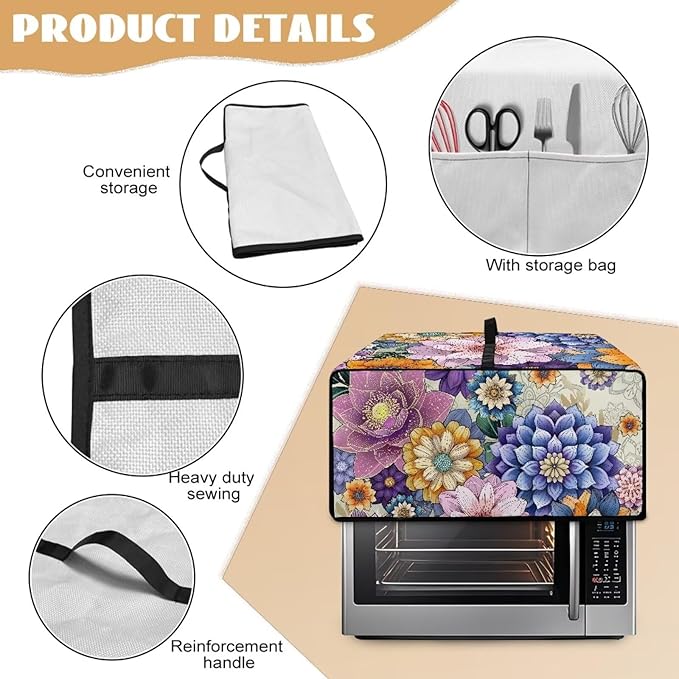 Dustproof Toaster Oven Cover Heat-Resistant Microwave Grill Cover Protector Faux Linen Polyester Dust Covers Case Protections for Toaster Oven Vintage Flower