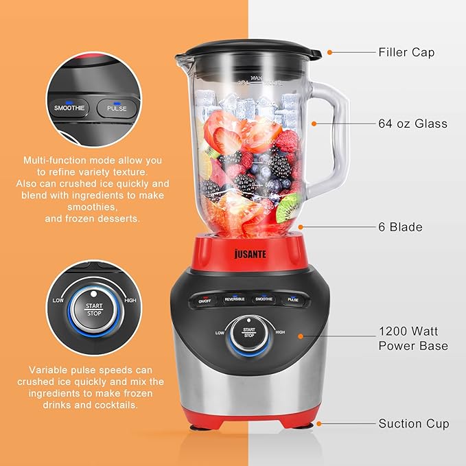 Blender Countertop Blender for Smoothies with 64 oz Glass Jar Kitchen 1200 Watts High Speed Juicer Blender Ice Crusher for Shakes Frozen Drinks (Red)