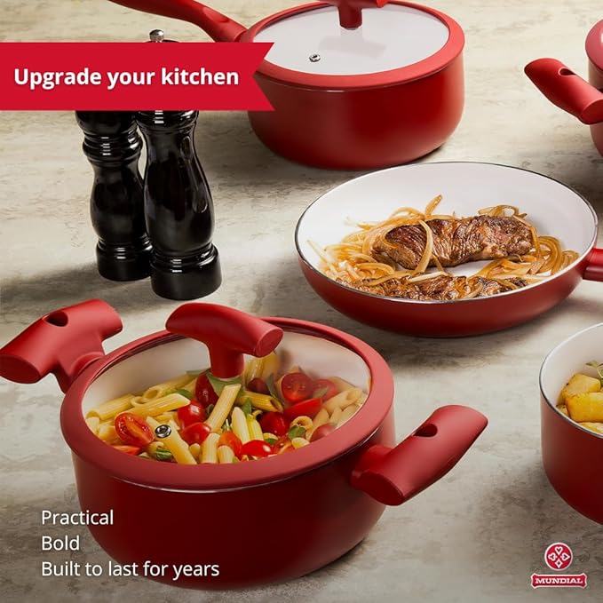 Pots and Pans Set Nonstick Ceramic – 9-Piece Non Stick Frying Pan and Cooking Pot Set – Red Aluminum Pans Ceramic Coating Glass Lids Silicone Handles – Kitchen Cookware Sets by Mundial