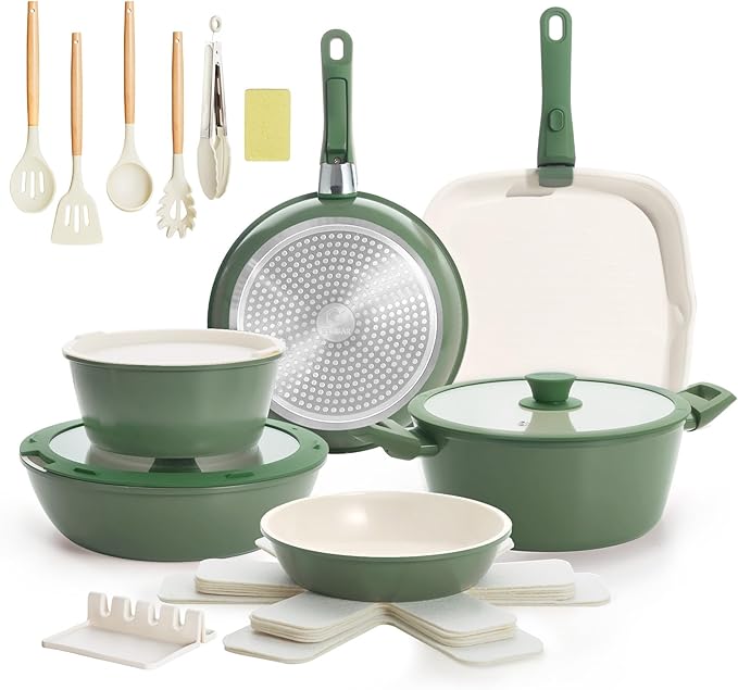 23pcs Ceramic Pots and Pans Set Nonstick Detachable Handle Cookware Induction Kitchen Cooking Set with Removable Handleinclude Frying Pans &amp Saucepans Oven Safe(Green)