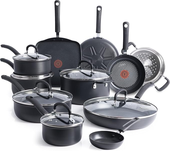 T-Fal Ultimate Hard Anodized Nonstick Pots and Pans Set 17 Piece Nonstick Cookware Set with Fry Pan Saucepans Saute-Pan Griddle Dishwasher Safe Black