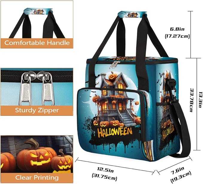 Halloween Moon Castle Pumpkin Bats Coffee Maker Carring Bag Travel Carrying Storage Tote Bag Compatible with Keurig K-Mini or K-Mini Plus Portable Single Serve Coffee Brewer Case with Pockets
