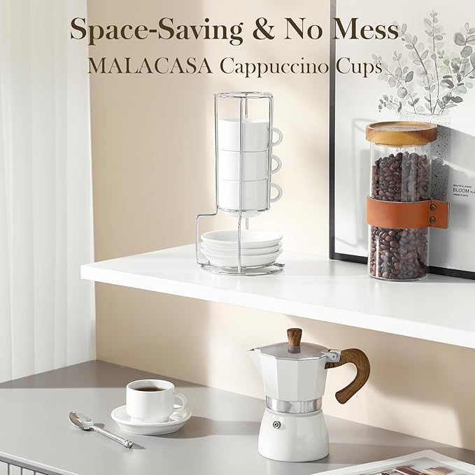 MALACASA Plates and Bowls Sets bundle with 2.5 OZ Porcelain Espresso Cups with Saucers and Metal Stand Set of 4 12 Pieces Modern Porcelain Dinnerware Set for 4