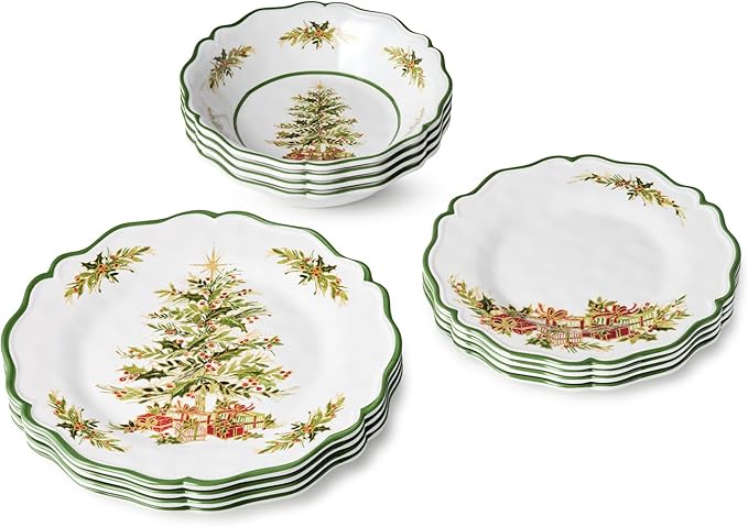 Holly Tree Holiday 12pc Dinnerware Set – Festive Melamine Plates and Bowls for Christmas Entertaining Indoor/Outdoor Use Break-Resistant and Dishwasher Safe
