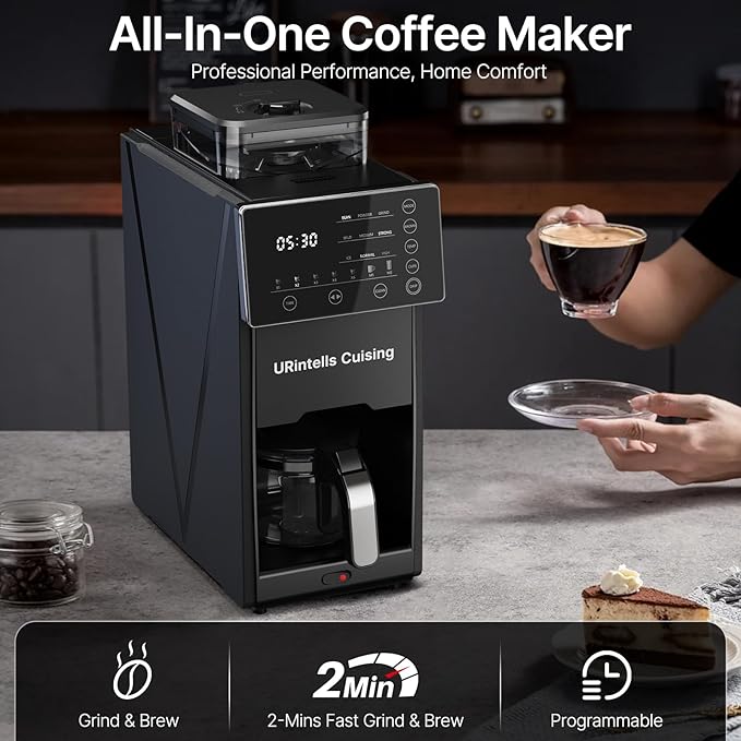 Coffee Maker with Grinder 22OZ Drip Coffee Maker with Glass Carafe and Removable Filter Programmable Hot and Cold Bean to Cup Coffee Machine with Timer Auto Shut Off