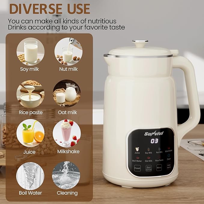 Sunvivi 8 in 1 Nut Milk Maker Machine: 60oz Soy Milk Maker for Soy/Nut/Oat Milk Juice Milkshake Rice Paste and Boil Water Countertop Blender with Delay Start/Keep Warm/Self Clean Food Processor