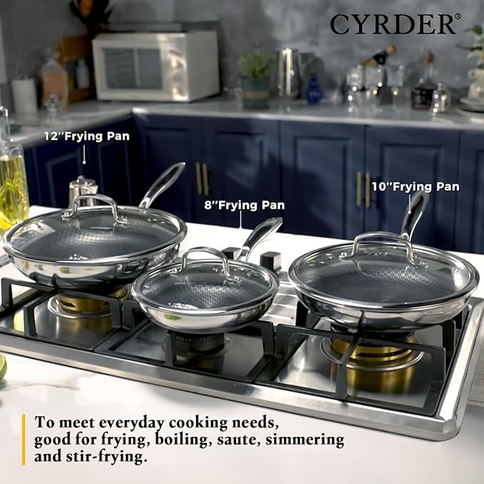 Nonstick Frying Pan Set 8 10 and 12-inch Frying Pans 6-Piece Hybrid Non stick 18/10 Stainless Steel Pans with Lid Induction Compatible Dishwasher &ampOven Safe PFOA Free