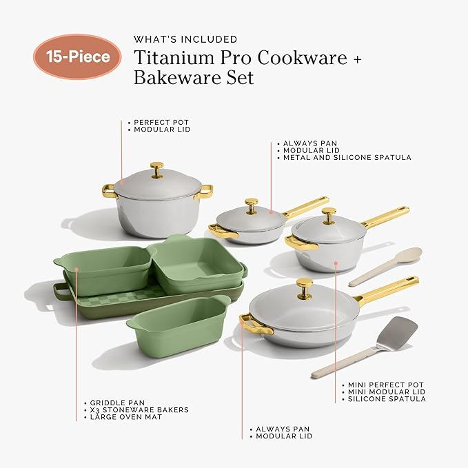 Our Place Titanium Pro Cookware &amp Bakeware Set | 15-Piece Non-toxic Nonstick Kitchenware with Titanium Always Pan Pro Perfect Pot Pro Minis &amp Ceramic Bakeware with Stovetop Griddle | Sage