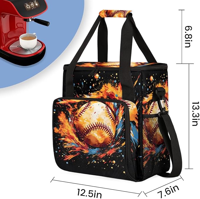Watercolor Baseball Coffee Maker Carrying Bag Colorful Baseball Travel Storage Bag Compatible with K-Mini or K-Mini Plus Single Serve Coffee Brewer Carrying Case with Pockets &amp Shoulder Strap