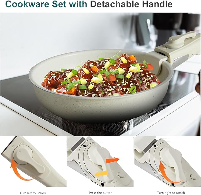 DUMOS 12 Pcs Pots and Pans Set Nonstick Kitchen Cookware Set Induction Cooking Sets Detachable Handle Milky White