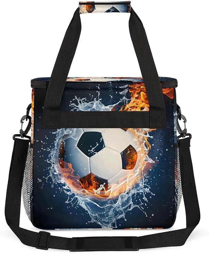 Soccer Ball On Fire And Water Travel Coffee Maker Carrying Bag Large Organizer Storage Tote Bag Insulated Reusable Cooler Grocery Bags