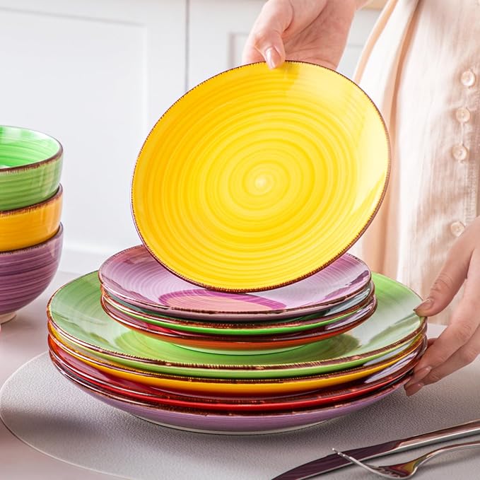 vancasso Bonita Dinnerware Set Muticolor Stoneware 12 Pieces Service for 4 Handpainted Spirals Pattern Stoneware Plates and Bowls Set