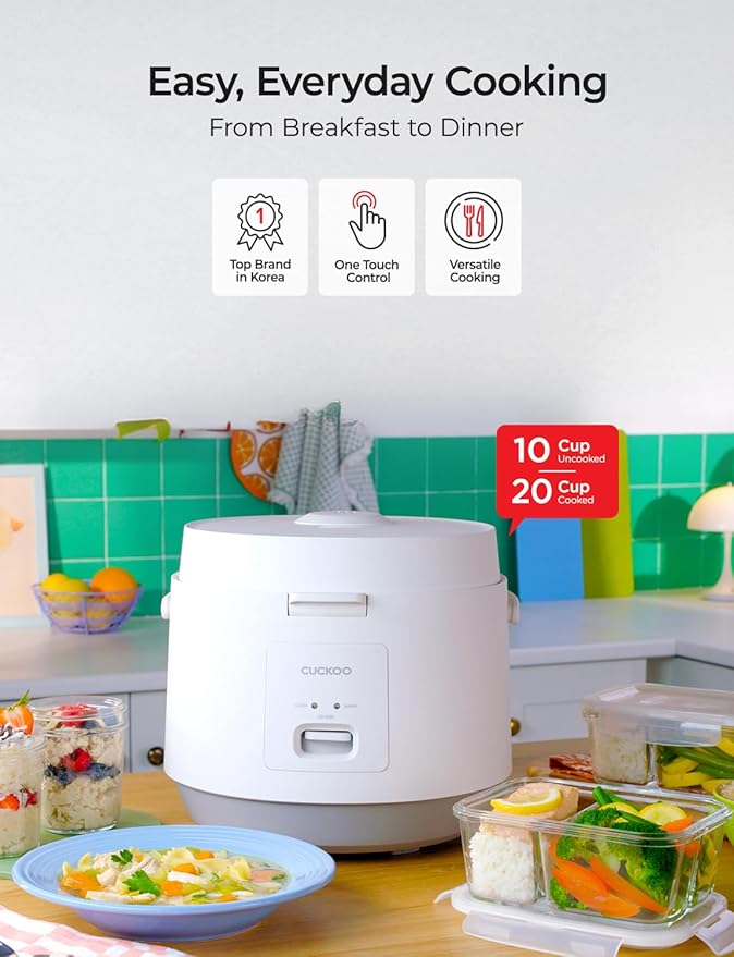 CUCKOO Basic Rice Cooker 10-Cup Uncooked / 20-Cup Cooked Large Rice Maker and Warmer with Nonstick Inner Pot Easy to Use with Auto Keep Warm Includes Steam Tray White (CR-1095)