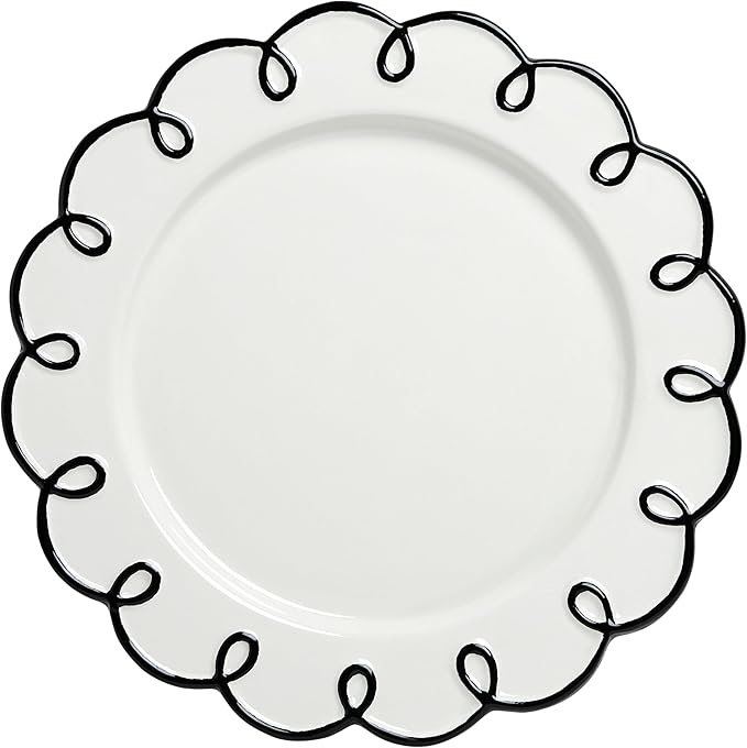 Sango 12-Piece Earthenware Dinnerware Set for 4 Glossy White Plates and Bowls Sets with Black Scalloped Rims Premium Dish Set Dishes for Hosting Parties Birthday &amp Wedding Gifts Splash of Che