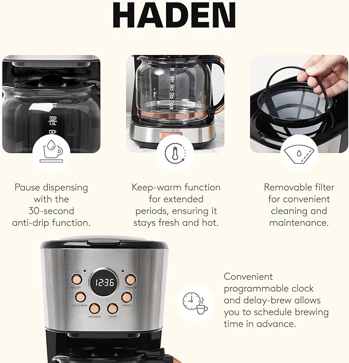 Haden Coffee Machine 12 Cup Programmable Drip Coffee Maker with Auto Shut-Off Function and Reusable Washable Water Filter Steel &amp Copper