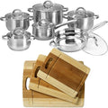 For 12 Piece Cookware Set Stainless Steel Pot Pan + 3pc Organic Bamboo Cutting Board