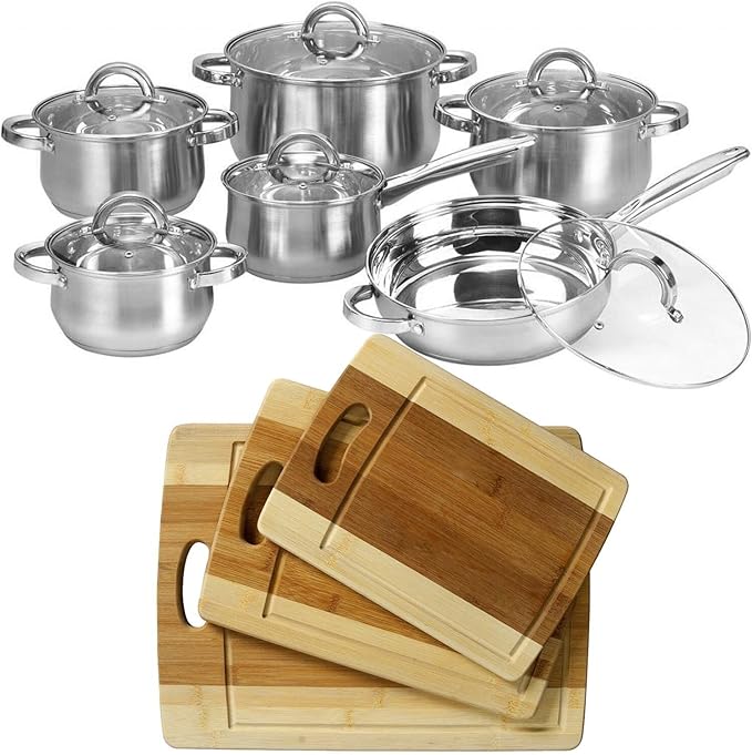 For 12 Piece Cookware Set Stainless Steel Pot Pan + 3pc Organic Bamboo Cutting Board