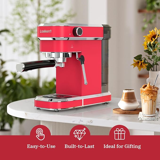 Espresso Machine 20 Bar Professional Espresso Maker with Milk Frother Steam Wand Compact Coffee Machine with Removable Water Tank for Cappuccino Latte Gift for Dad or Mom Stainless Steel Red