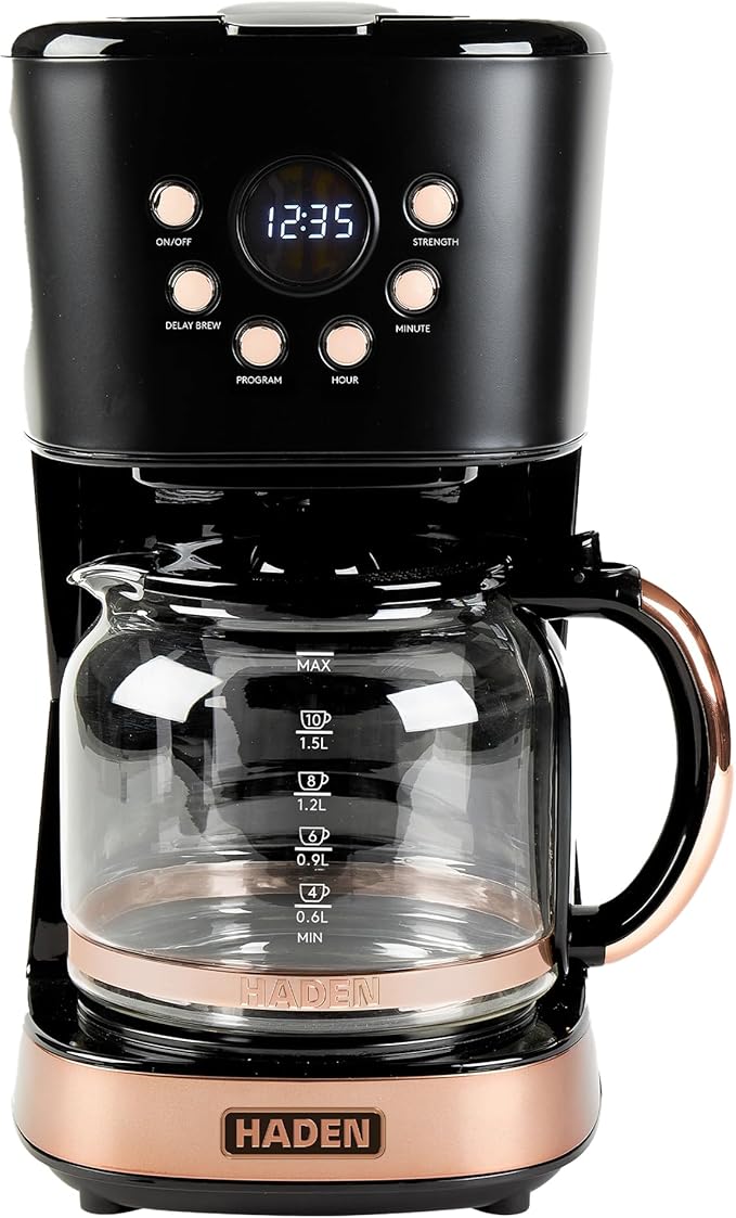 HADEN Coffee Machine 12 Cup Programmable Drip Coffee Maker with Auto Shut-Off Function and Reusable Washable Water Filter Black &amp Copper