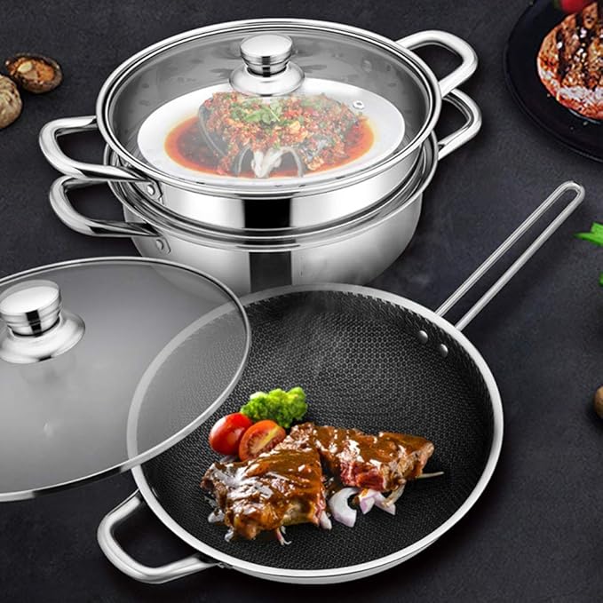 Stainless Steel Cookware Set - Total Non Stick - Suitable - Free - Set of 2Can Be Used CookerEasy to CleanSilver Cookware