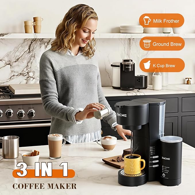 ZACME Single Serve Coffee Maker with Milk Frother Coffee Machine with Brewing &amp Frothing System 28oz Water Tank Adjustable Brew Strength Quick Brew Self-Cleaning