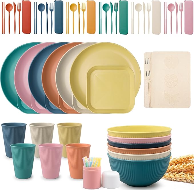 48 Pieces Wheat Straw Dinnerware Sets for 6Reusable Plates Bowls Outdoor Camping Dishes Kitchen Plates Cups and Bowls SetMicrowave&ampDishwasher Safe TablewareLightweight &amp Unbreakable