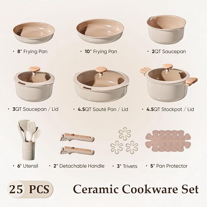 CAROTE 25PCS Ceramic Nonstick Cookware Set Pots and Pans Set with Detachable Handle PFAS-Free Non-Toxic Induction &amp Oven Safe Stackable Space-Saving Taupe