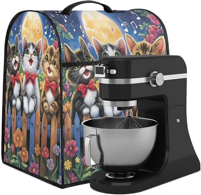 cfpolar Kitchen Aid Mixer Cover Compatible with 6-8 Quarts Cartoon Cat Singing On Flowery Fence Stand Mixer Cover Kitchen Aid Mixers Accessories Appliance Organizer Bag Dust Covers with Zipper Pocket