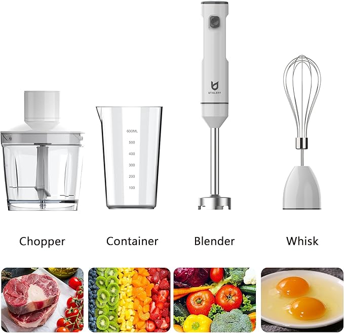 Cordless Hand Blender UTALENT Variable Speed Immersion Blender Rechargeable with 500ml Chopper 600ml container Egg Whisk for Smoothies Baby Food and Soups – White