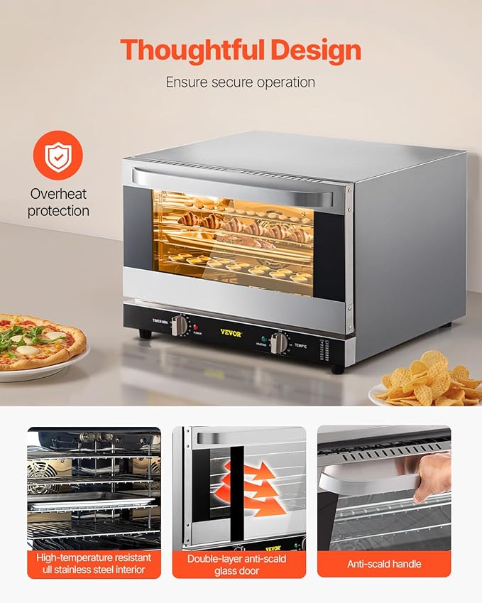 VEVOR Commercial Convection Oven 47L/43Qt Half-Size Conventional Oven Countertop 1600W 4-Tier Toaster w/Front Glass Door Electric Baking Oven w/Trays Wire Racks Clip Gloves 120V