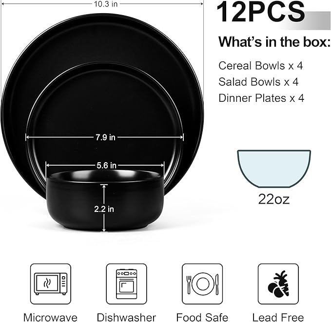 Vesteel Dinnerware Sets for 4 12-Piece Stoneware Dish and Bowls Set Handmade Reactive Glaze Coupe Plates Set for Family Chip &amp Scratch Resistant - Matte Black