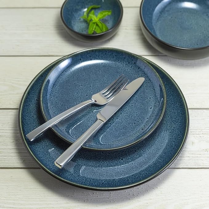 Sango 16-Piece Stoneware Dinnerware Set for 4 Glossy Black/Blue Big Dinner Plates and Bowls Sets with Reactive Glaze Ceramic Dish Set Modern Beautiful Dishes Microwave &amp Dishwasher Safe Reson