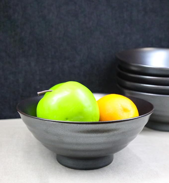 Ebros Gift Iron Black Clay Underglaze Technique Tetsu Kesho Porcelain Dinnerware Kitchen Set Asian Japanese Restaurant Supply (Pack Of 5 Large Salad Pho Ramen Soup Bowl 40oz)